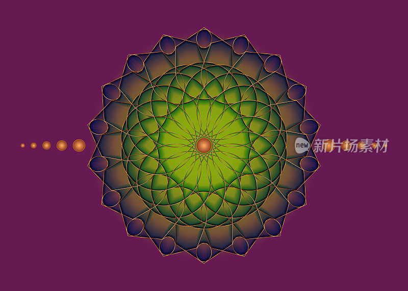 Sacred Geometry Mandala, colorful flower gold meditative circle icon, geometric brand name design, mystical religious wheel, Indian chakra concept, vector illustration isolated on purple background